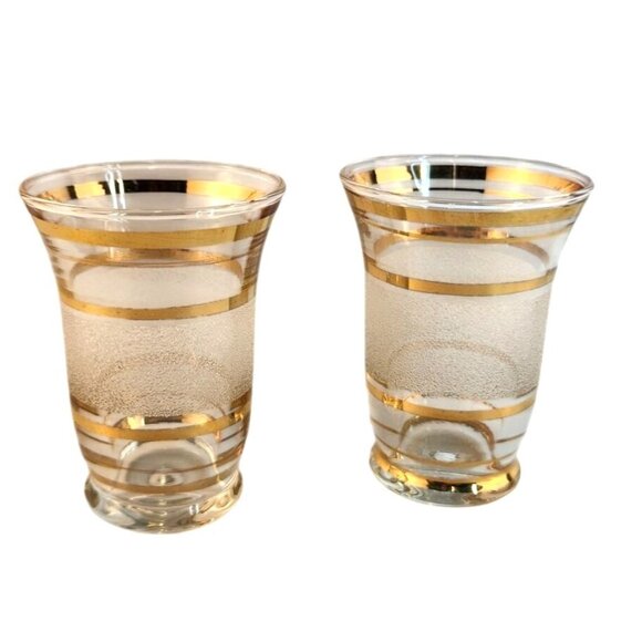 Mid-Century Modern Set Of 2 Frosted Glasses With Gold Stripes 3.25" Tall x 2.25" - Picture 1 of 8